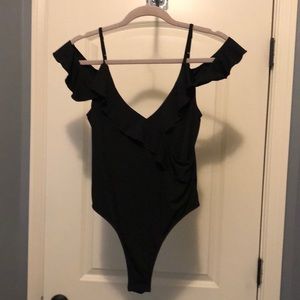 Black Bodysuit with Ruffle off the shoulder